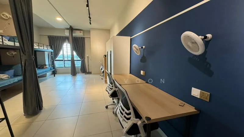 Room features: bunk beds, single bed, study desks with chairs, wall-mounted reading lights, blue accent wall, white walls, large window with curtains, tile flooring; style: modern; view: city.