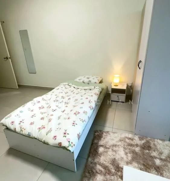 Bedroom features: single bed with floral bedding, nightstand with lamp, built-in wardrobe, light-colored walls, tile flooring, area rug with soft texture, mirror on wall, window with no visible treatment; style: minimalist.