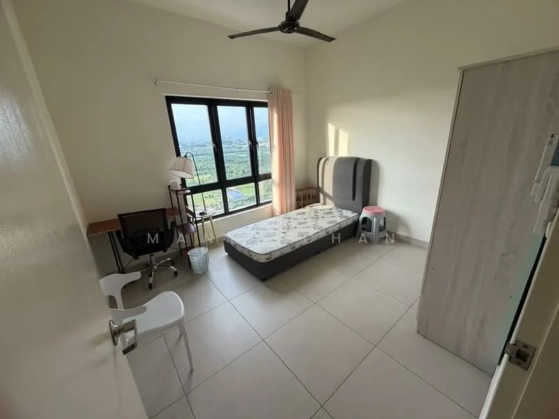 Bedroom features: single bed, upholstered headboard, study desk, office chair, floor-to-ceiling windows, curtains, ceiling fan, light-colored walls, tile flooring, built-in wardrobe; style: modern; view: mountain.