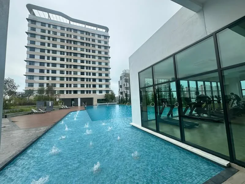 Exterior type: high-rise condominium; features: infinity pool, pool deck with loungers, glass facade, landscaped garden, manicured lawn, water features in pool, surrounding greenery, modern architecture; style: contemporary.