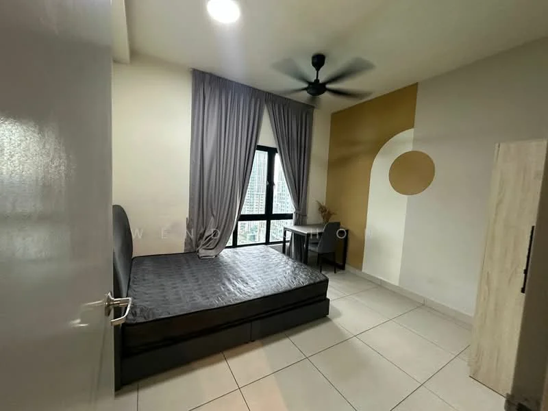 Bedroom features: queen-size bed, black upholstered bed frame, grey bedding, floor-to-ceiling window, curtains in grey, ceiling fan with light, study desk, chair, built-in wardrobe, light-colored walls, accent wall in beige, tile flooring; style: modern; view: city.