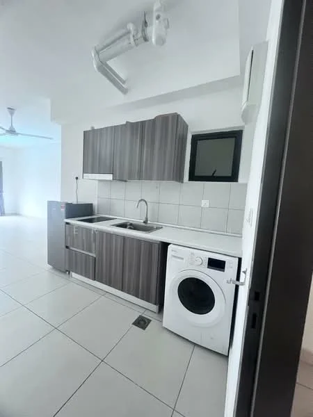 Kitchen features: grey wooden cabinetry, white countertop, single-bowl stainless-steel sink, chrome pull-down faucet, built-in oven, fridge, front-load washing machine, tile flooring, white tiled backsplash, window, ceiling-mounted exhaust fan, recessed downlights; style: modern.