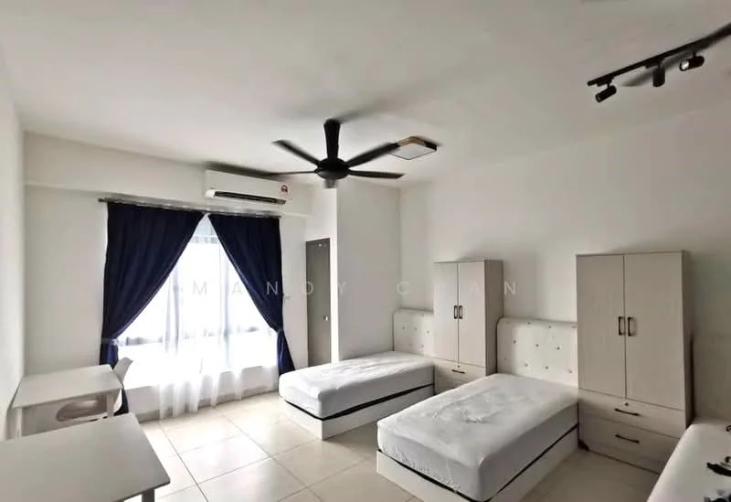 Bedroom features: two single beds with mattresses, white bedding, ceiling fan with light, wall-mounted air conditioning unit, floor-to-ceiling window with sheer curtains, dark blue curtains, light-colored tiled flooring, built-in wardrobes with sliding doors, study desk, neutral painted walls; style: modern.