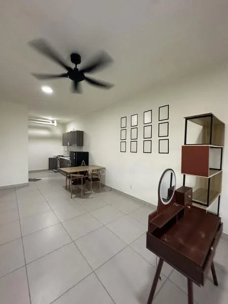 Living features: 5-blade ceiling fan, white painted walls, tile flooring, dining table, 4 dining chairs, wooden study desk, decorative wall frames, kitchen area visible in background, open layout, natural light from ceiling lights; style: modern.