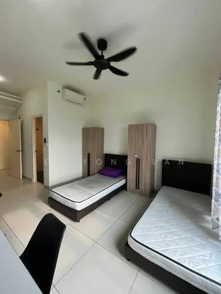 Bedroom features: two single beds, black bed frames, wooden wardrobe, ceiling fan, wall-mounted split AC, white painted walls, tile flooring, curtains with floral pattern; style: modern.