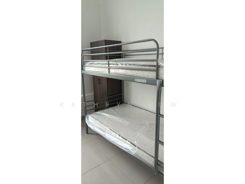Bedroom features: bunk bed with metal frame, mattress on top and bottom bunk, wooden wardrobe, light-colored walls, tile flooring, natural light from window, minimalist decor; style: modern.