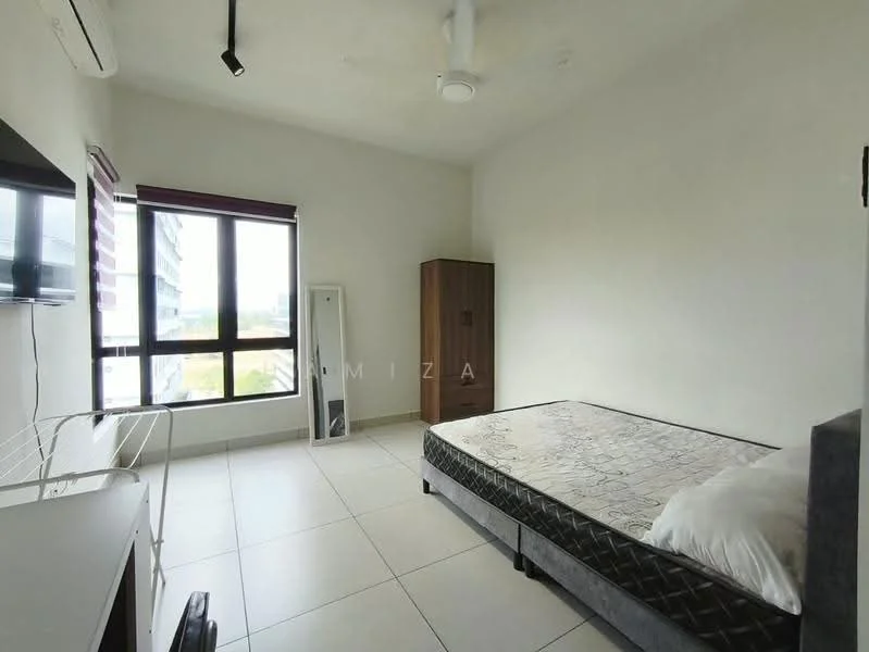 Bedroom features: single bed, upholstered headboard, white bedding, floor-to-ceiling window, blackout curtains, mirror, wooden wardrobe, TV mounted on wall, ceiling fan, light-colored walls, tile flooring; style: modern; view: city.