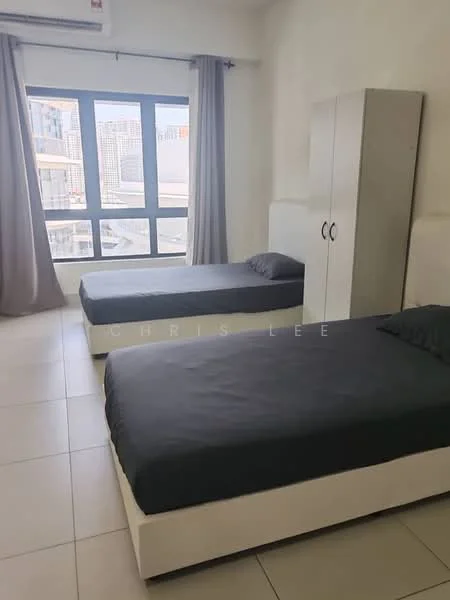 Bedroom features: two single beds with dark grey bedding, white bed frames, light grey walls, floor-to-ceiling windows, grey curtains, built-in wardrobe with two doors, tile flooring, wall-mounted air conditioning unit; style: modern; view: city.