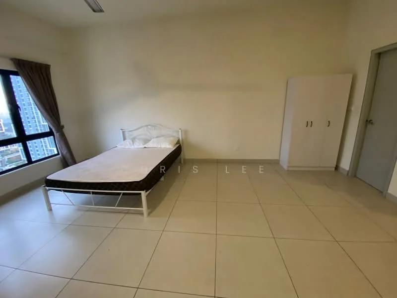 Bedroom features: white painted walls, tile flooring, single bed frame, mattress, floor-to-ceiling window, curtains, built-in wardrobe, neutral color scheme; style: minimalist; view: city.