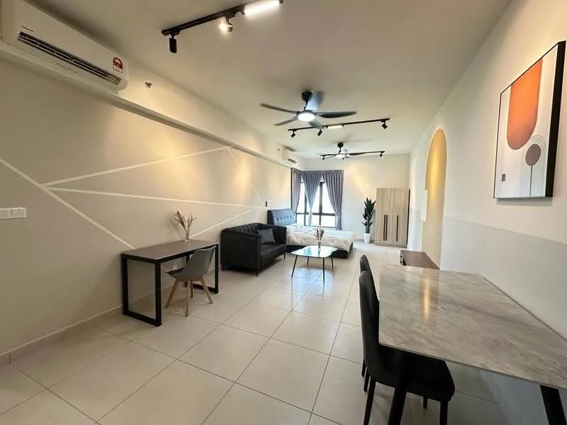 Living features: 3-blade ceiling fan, 2-seater fabric sofa in grey, coffee table, TV console, wall-mounted TV, area rug, floor-to-ceiling windows, white painted walls with geometric design, tile flooring, potted plant, decorative artwork, dining table with marble top, 4 dining chairs; style: modern; view: city.