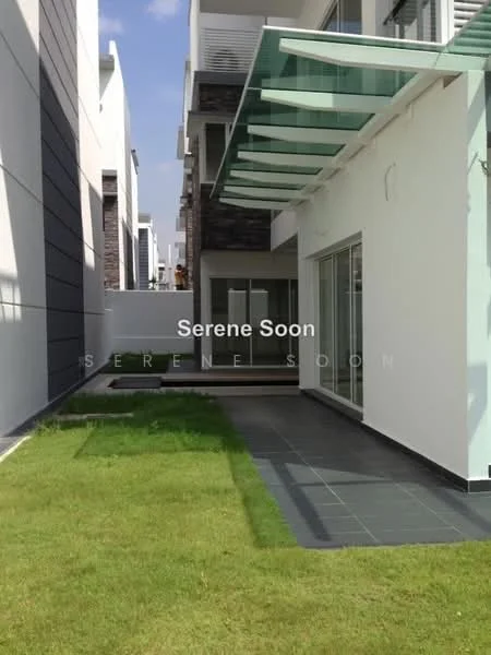 Exterior type: linked terrace house; features: glass canopy, stone cladding, grey painted facade, manicured lawn, paved walkway, large windows, modern architectural design; style: modern.