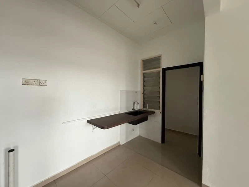 Kitchen features: white painted walls, cream tiled flooring, single-bowl stainless-steel sink, wooden countertop, window with louvered shutters, wall-mounted faucet, open layout, no visible appliances.