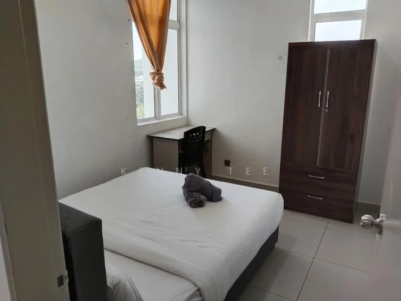Bedroom features: queen-size bed with white bedding, wooden wardrobe in dark brown, study desk with black chair, grey tiled flooring, white painted walls, two windows with sheer curtains, towel rolled on the bed; style: modern; view: city.