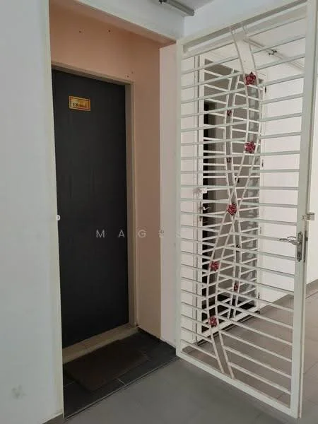 Room features: main entrance door, security grille door, grey tiled flooring, white painted walls, light beige accent wall, doorbell, number plate on door; style: modern.