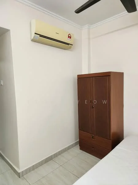 Room features: light-colored painted walls, ceiling with crown moulding, wall-mounted split AC, brown wooden wardrobe, tile flooring, single bed, bedside table, window with curtain; style: modern.