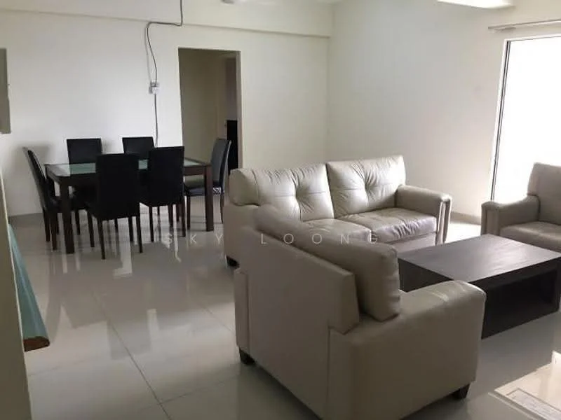 Living features: white leather 3-seater sofa, white leather 2-seater sofa, coffee table, polished tile flooring, recessed ceiling lights, floor-to-ceiling windows, sheer curtains, wall-mounted electrical outlets; style: modern. Dining features: 4-seater dining table, black dining chairs, polished tile flooring; style: modern.