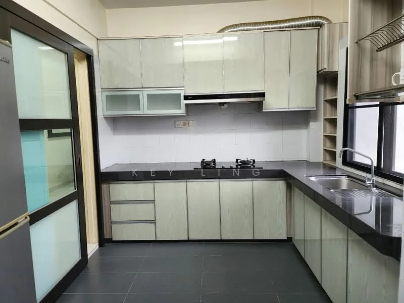 Kitchen features: grey laminate cabinetry, black granite countertop, stainless-steel sink, chrome pull-down faucet, built-in gas hob, exhaust hood, open shelving, white tiled backsplash, black tile flooring, glass-front upper cabinets, recessed lighting; style: modern.