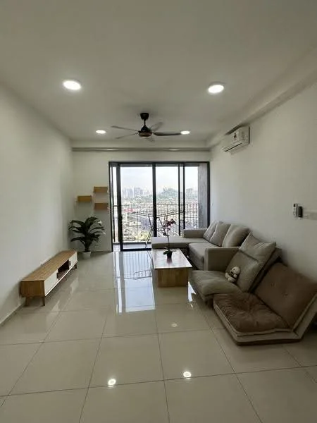 Living features: white painted walls, glossy tile flooring, 5-blade ceiling fan with light, wall-mounted split AC, floor-to-ceiling windows, sliding glass door, wooden TV console, light-colored fabric sofa, coffee table, decorative plant in ceramic pot; style: modern; view: city.