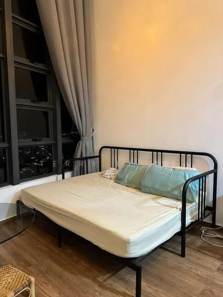 Bedroom features: black metal bed frame, queen-size mattress, two light blue pillows, wooden flooring, floor-to-ceiling windows, grey curtains, city skyline view; style: modern; view: city.
