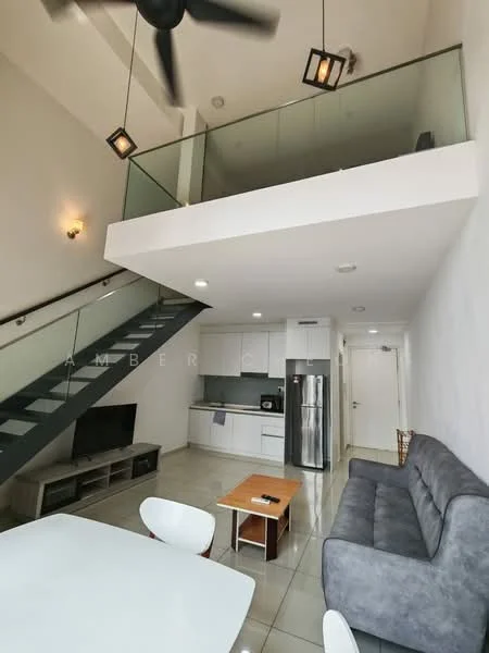 Living features: grey fabric sofa, coffee table, wall-mounted TV, TV console, white dining table, 4 white dining chairs, recessed downlights, ceiling fan with light, glass railing, staircase with dark wood steps, tiles flooring, white painted walls; style: modern. Kitchen features: white cabinetry, stainless-steel fridge, built-in oven, microwave, ceramic cooktop, sink, countertop, backsplash, open layout; style: modern.