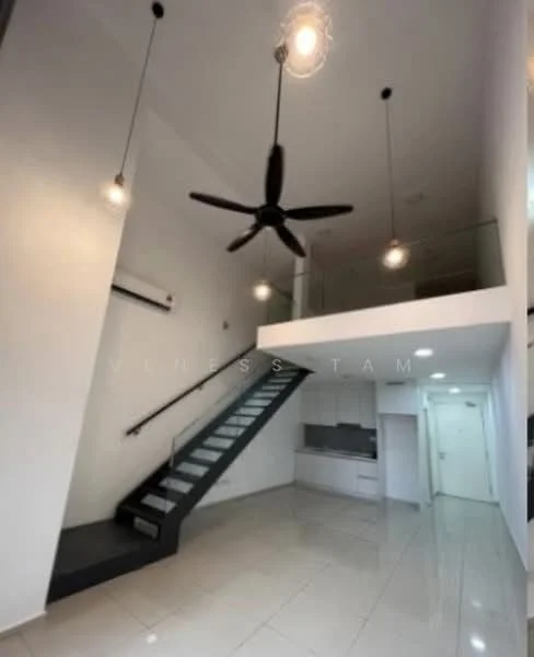 Living features: white painted walls, polished tile flooring, 5-blade ceiling fan with light, hanging pendant lights, open staircase with black railing, kitchen area with white cabinetry, recessed lighting, large windows for natural light; style: modern.