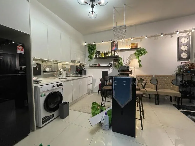 Kitchen features: white cabinetry, stainless-steel sink, chrome pull-down faucet, built-in oven, freestanding washing machine, ceramic tile flooring, recessed downlights, open shelving, decorative wall plants, bar stools, dining table, wall-mounted clock; style: modern.