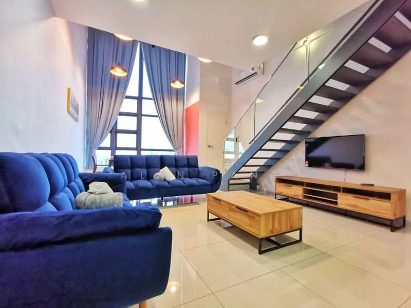 Living features: blue fabric 3-seater sofa, blue fabric 2-seater sofa, wooden coffee table with black metal legs, wall-mounted flat-screen TV, wooden TV console with storage, white painted walls, large floor-to-ceiling windows, grey curtains, recessed downlights, staircase with metal railing, glossy tiled flooring, air conditioning unit; style: modern.