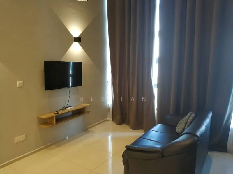 Living features: grey leather sofa, wall-mounted TV, wooden TV console, cream painted walls, large windows with sheer curtains, recessed downlights, dark brown curtains, glossy tile flooring; style: modern.