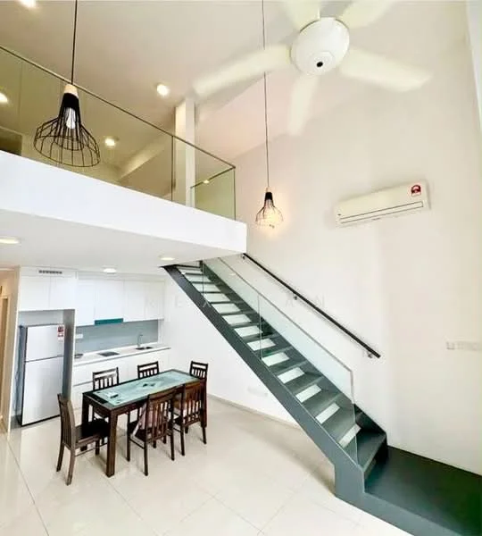 Living features: white painted walls, tile flooring, 5-blade ceiling fan, recessed downlights, dining table with four wooden chairs, kitchen with white cabinetry, stainless-steel fridge, stainless-steel range hood, built-in oven, open-plan layout, glass railing on staircase, staircase with metal steps; style: modern.