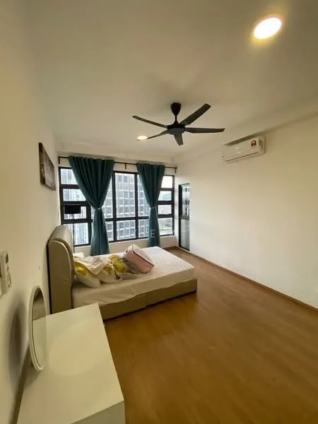 Bedroom features: queen-size bed, upholstered headboard, 2 bedside pillows, floor-to-ceiling windows, curtains in teal, wooden flooring, 5-blade ceiling fan with light, wall-mounted split AC, white painted walls, dressing table with mirror; style: modern; view: city.