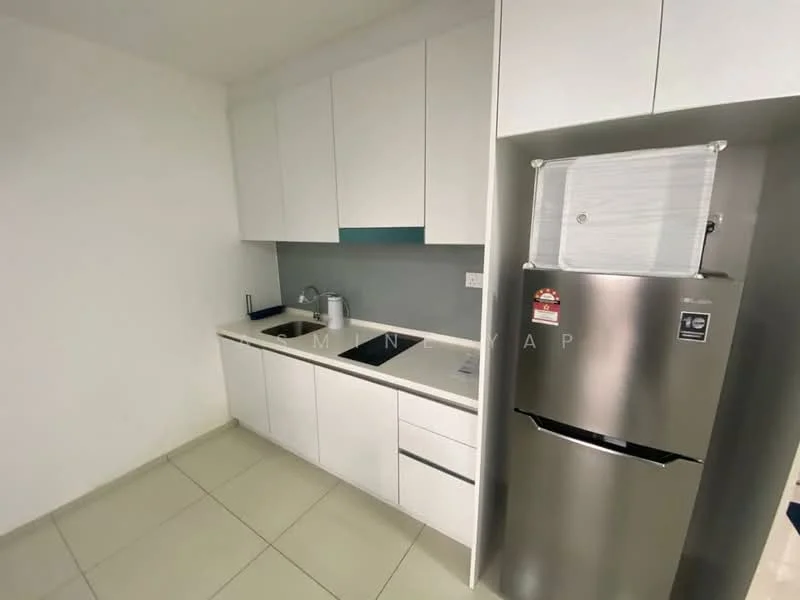 Kitchen features: white flat-panel cabinets, grey backsplash, white countertop, single-bowl stainless-steel sink, chrome pull-down faucet, built-in refrigerator in stainless steel, ceramic tile flooring, wall-mounted microwave; style: modern.