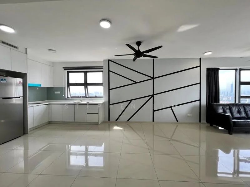 Living features: white painted walls, geometric accent wall in grey and black, polished ceramic tile flooring, 5-blade ceiling fan with light, floor-to-ceiling windows, black leather sofa, window treatments with sheer curtains, open kitchen layout with breakfast bar, stainless-steel fridge, white cabinetry, grey backsplash; style: modern; view: city.