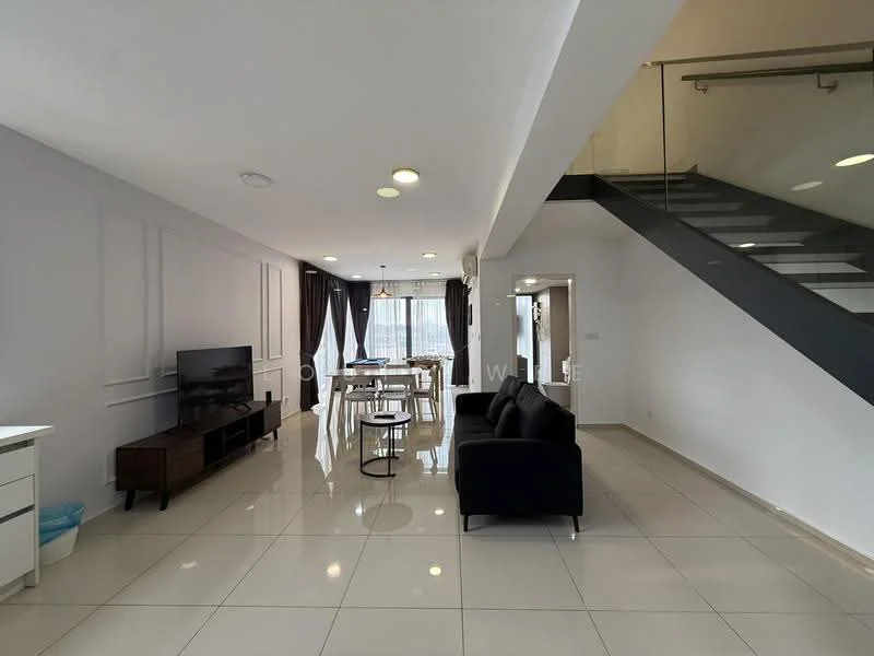 Living features: white painted walls, glossy tile flooring, 5-blade ceiling fan with light, wall-mounted TV, TV console, black fabric sofa, round dining table, 4 dining chairs, large windows with sheer curtains, decorative wall paneling, open layout to dining area, staircase with glass railing; style: modern; view: city.