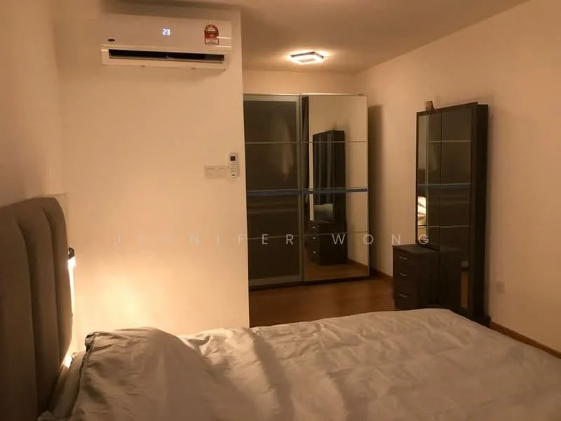 Bedroom features: queen-size bed with upholstered headboard, 2 bedside lamps, built-in wardrobe with sliding doors, chest of drawers, wall-mounted air conditioning unit, recessed ceiling light, wooden flooring, white painted walls; style: modern.