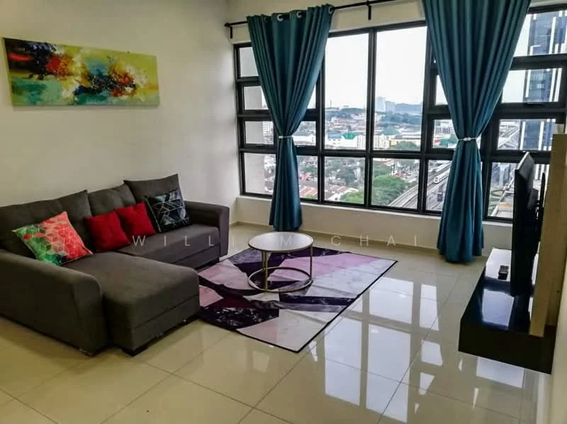 Living features: grey fabric sofa, colorful throw pillows, round coffee table, area rug with geometric pattern, floor-to-ceiling windows, city view, white painted walls, glossy tile flooring, curtains in teal, wall-mounted TV; style: modern; view: city.