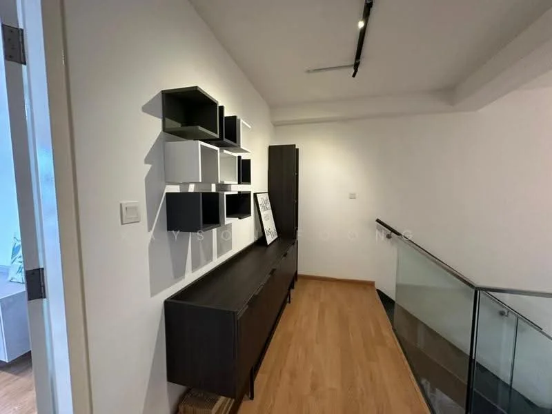 Room features: wooden flooring, white painted walls, black and white wall-mounted shelves, dark wood sideboard, glass railing, recessed lighting, minimalist decor; style: modern.