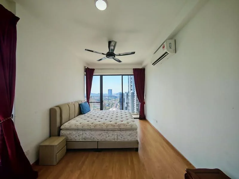 Bedroom features: king-size bed, upholstered headboard, 2 bedside tables, 5-blade ceiling fan, wall-mounted split AC, floor-to-ceiling windows, curtains in burgundy, wooden flooring, city view; style: modern; view: city.