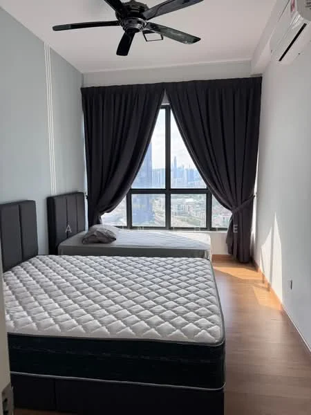 Bedroom features: two single beds with mattresses, black upholstered headboards, floor-to-ceiling windows, dark grey curtains, wooden flooring, ceiling fan, wall-mounted split AC; style: modern; view: city.