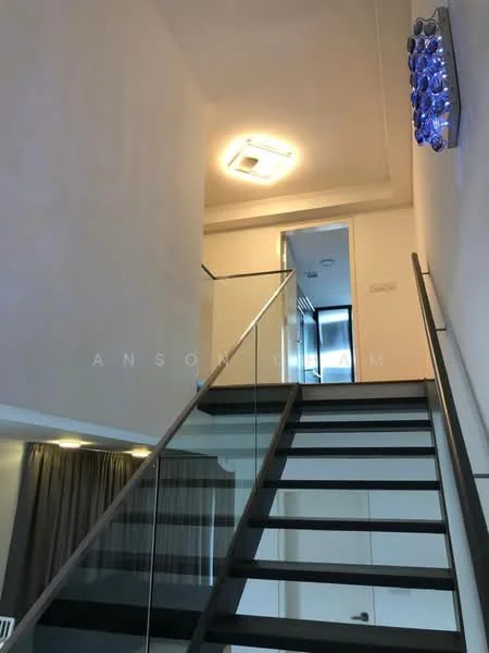 Room features: staircase with metal railing, white painted walls, recessed ceiling lights, modern ceiling light fixture, grey curtains, doorway leading to another room, open space above staircase; style: modern.