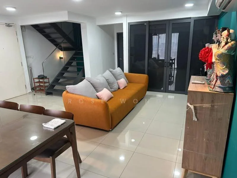 Living features: orange fabric sofa with cushions, glass coffee table, dining table with wooden chairs, white tiled flooring, recessed downlights, wall-mounted air conditioning unit, decorative statue, wooden sideboard, sliding glass doors, staircase with black railing; style: modern.