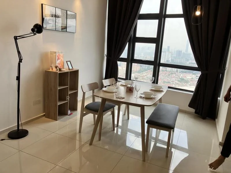 Dining features: 4-seater dining table, light wood dining table, grey upholstered dining chairs, floor-to-ceiling windows, black floor lamp, curtains in dark fabric, decorative shelving unit, ceramic tableware, city skyline view, polished ceramic tile flooring; style: modern; view: city.