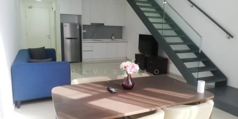 Living features: blue fabric sofa, wood dining table, white dining chairs, flat-screen TV on console, stainless-steel fridge, white cabinetry, grey backsplash, open-plan layout, staircase with glass railing, recessed lighting, cream tiled flooring; style: modern.