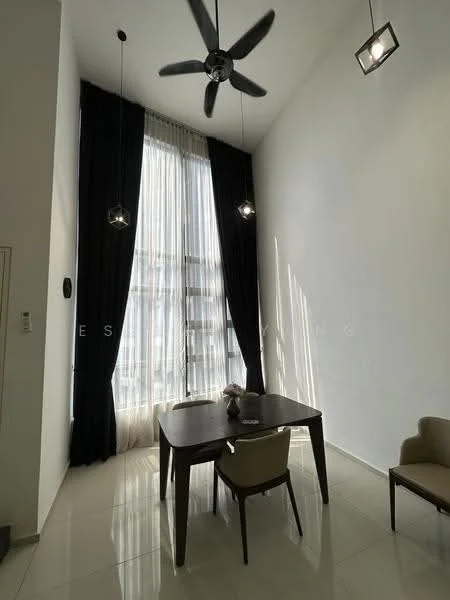 Dining features: dining table, 4 dining chairs, floor-to-ceiling windows, black sheer curtains, white painted walls, polished tile flooring, 2 pendant lights, ceiling fan with 3 blades; style: modern.
