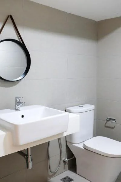 Bathroom features: wall-mounted sink with faucet, white ceramic sink, chrome faucet, one-piece toilet, round mirror with black frame, grey tiled walls, grey tiled flooring, toilet paper holder, drainage grate on floor; style: modern.