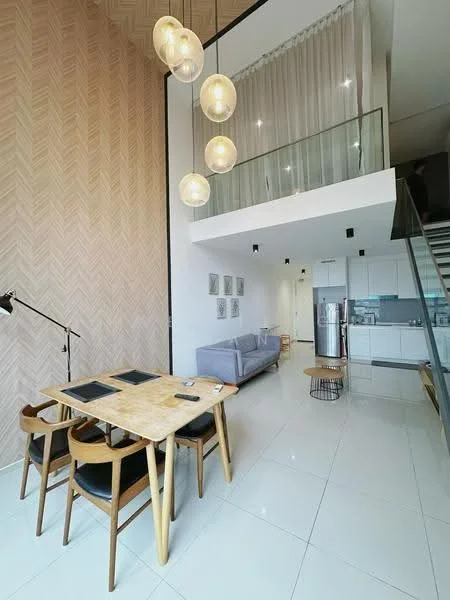 Living features: light wood dining table, 4 wooden dining chairs, grey fabric sofa, pendant lighting with multiple globes, white walls, large glass railing, open space to upper level, tile flooring, refrigerator visible in kitchen area, decorative wall art, floor-to-ceiling windows, curtains, staircase leading to upper level; style: modern.