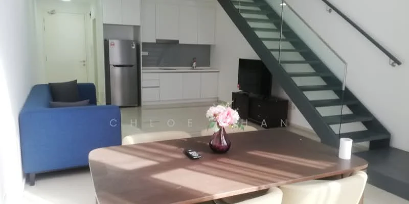 Living features: blue fabric sofa, dining table with four chairs, flat-screen TV on stand, refrigerator, white cabinetry, grey countertop, stainless-steel sink, open staircase with glass railing, white walls, tile flooring, decorative vase with flowers; style: modern.
