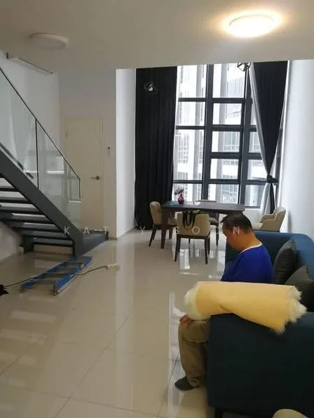 Living features: white painted walls, glossy tile flooring, floor-to-ceiling windows, blackout curtains, sofa in blue, coffee table, dining table with chairs, staircase with glass railing, recessed ceiling lights; style: modern.