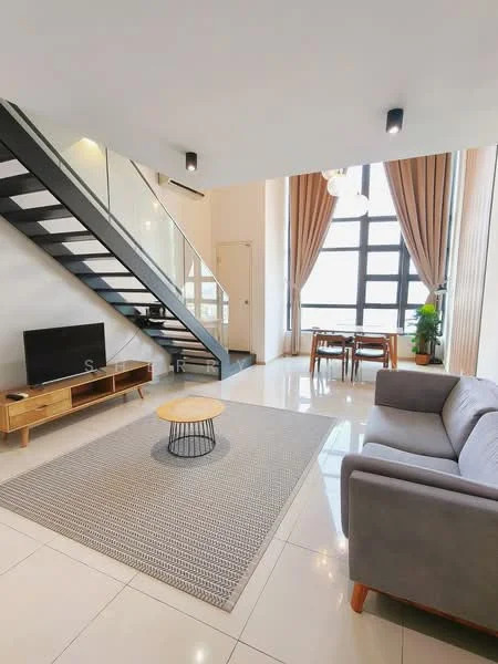 Living features: grey fabric sofa, coffee table with metal base, area rug with geometric pattern, wall-mounted TV, wooden TV console, floor-to-ceiling windows, curtains, recessed downlights, open-plan layout, polished tile flooring, staircase with metal railing; style: modern; view: city.