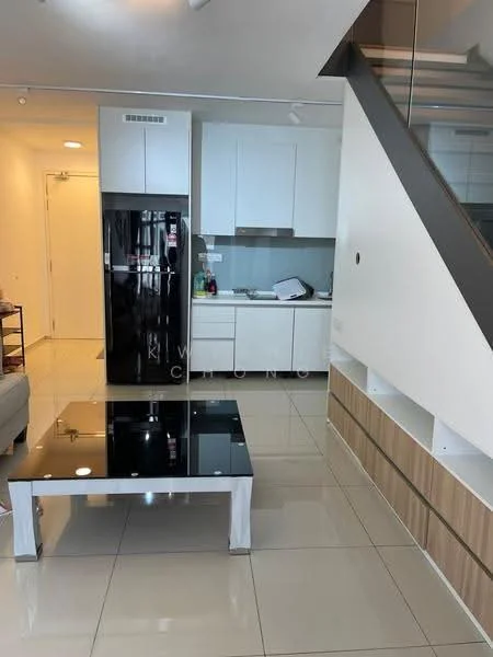 Living features: white cabinets, black refrigerator, black glass coffee table, white countertop, stainless-steel sink, built-in cabinetry, tile flooring, recessed lighting, open layout, glass railing, staircase, wall-mounted storage, neutral wall color; style: modern.