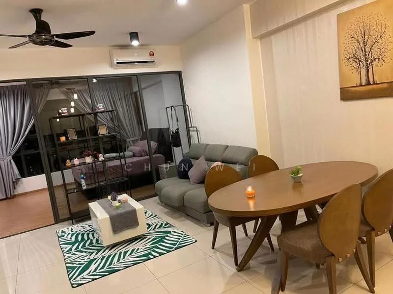 Living features: 3-seater fabric sofa in grey, coffee table, area rug with geometric pattern, dining table with 4 chairs, ceiling fan, wall-mounted split AC, floor-to-ceiling windows, curtains, decorative wall art, light-colored walls, tile flooring; style: modern.